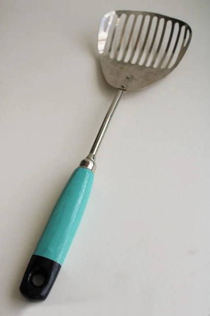 Kitchamajig slotted spatula — silver metal with aqua and black handle