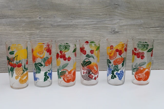 Fruit drinking glasses — clear with red, yellow, purple and green fruit prints
