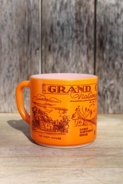 Grand Canyon souvenir mug — orange exterior with dark brown printed landmarks