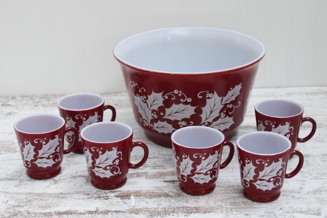 Holly eggnog bowl and mugs — red with white holly and white interiors