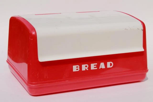 Lustro-Ware bread box — cherry red with white panel