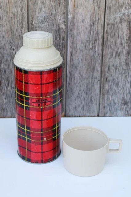 Red plaid Thermos bottle — red tartan plaid with pale plastic cap