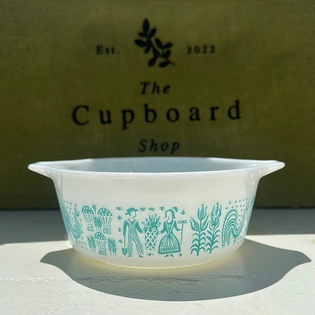 Butterprint casserole without lid — turquoise on white. Seller title explicitly supplies Butterprint 472, 1 1/2 pint and no lid.