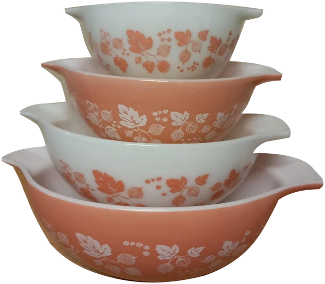 Gooseberry Cinderella bowl set — pink and white. Source title identifies the four models; photograph shows the four complete handled bowls.
