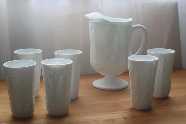 Harvest Grape milk-glass pitcher and tumblers